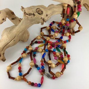 VINTAGE . WOOD + GLASS BEADED NECKLACES . SET OF 2